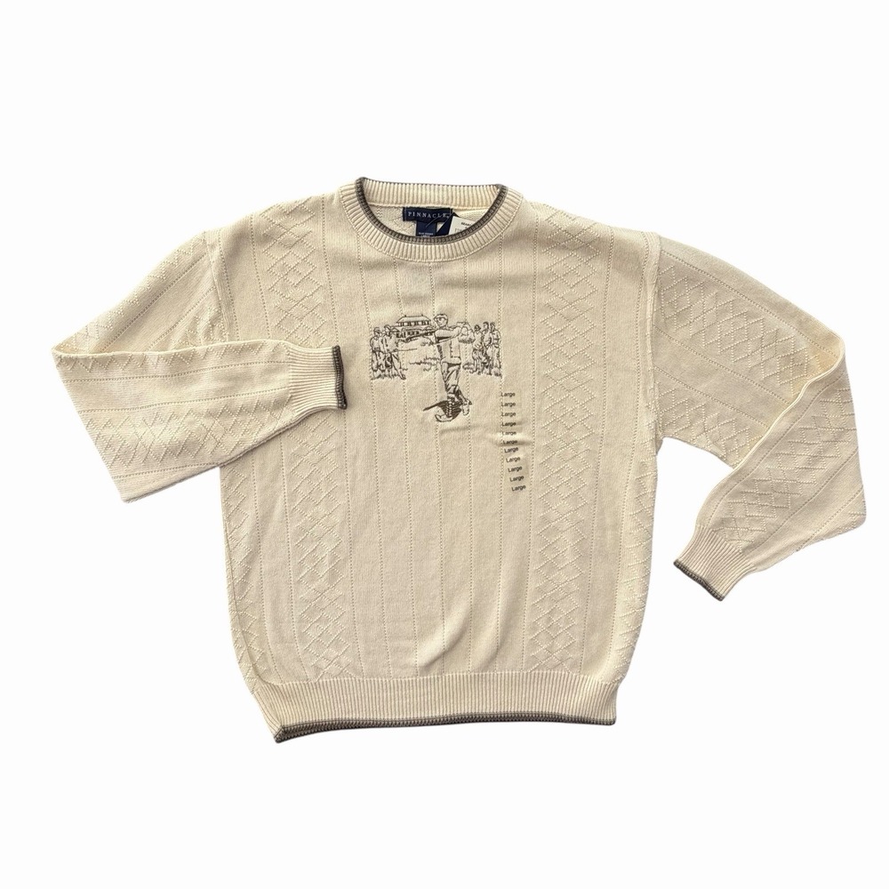 Vintage Pinnacle Golf Sweater SIZE L Embroidered Ivory Textured Crewneck NEW 90s - Picture 2 of 9